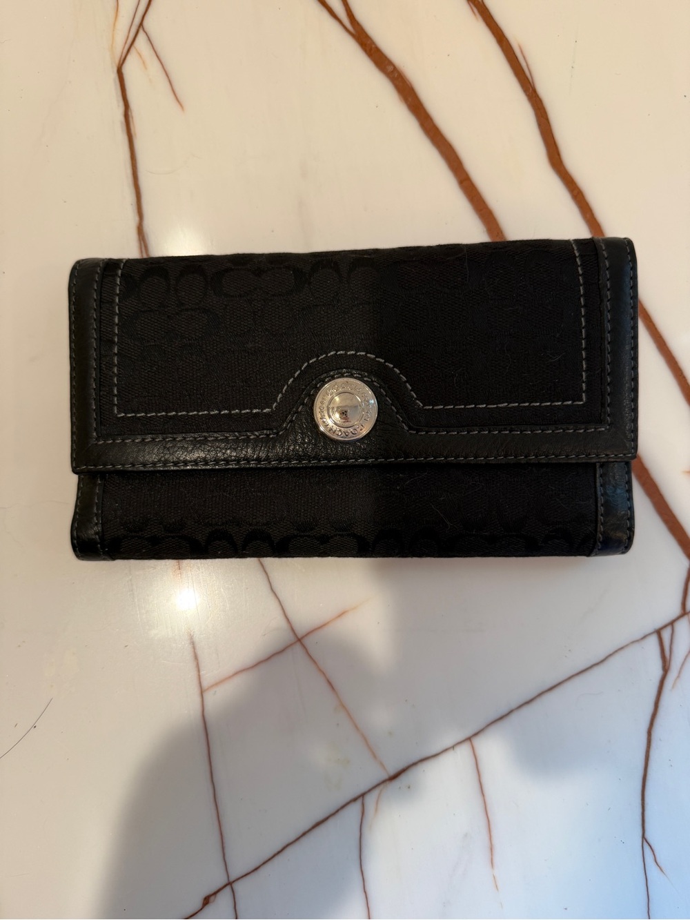 Coach Black Signature Canvas Continental Wallet with Silver-Tone Snap